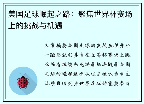 美国足球崛起之路：聚焦世界杯赛场上的挑战与机遇