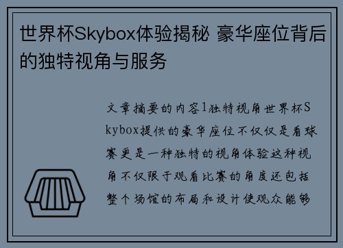 世界杯Skybox体验揭秘 豪华座位背后的独特视角与服务