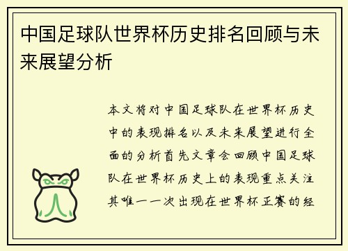 中国足球队世界杯历史排名回顾与未来展望分析